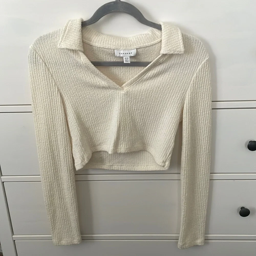 Topshop Collared Ribbed Crop Top In Cream-white - Picture 1 of 3
